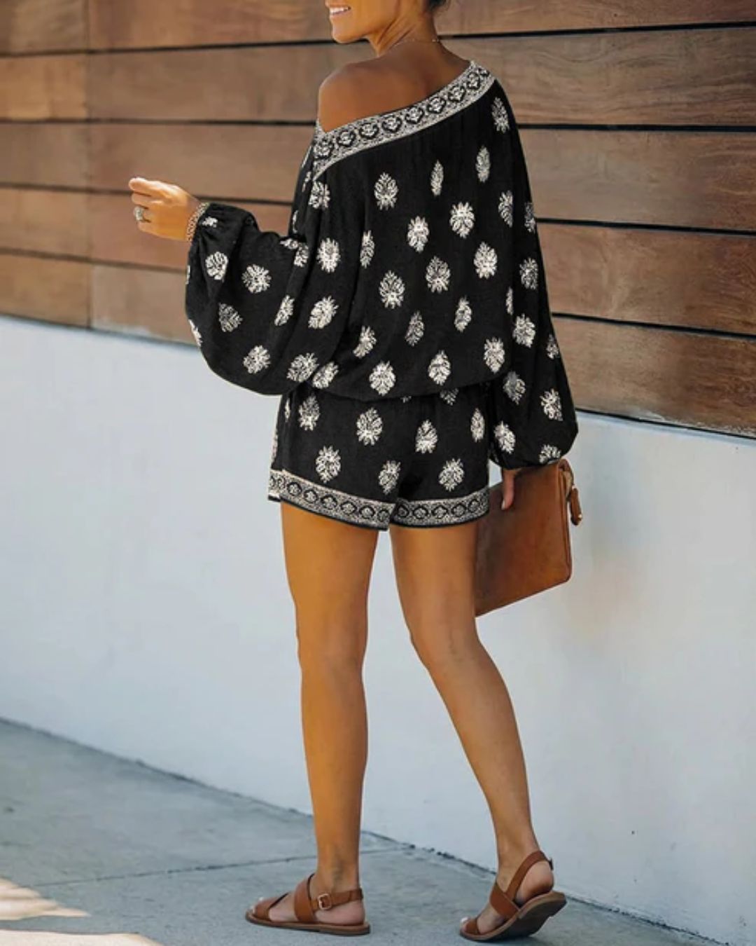Vyla™ Boho Skew Neck Lantern Vacation Set Casual Vintage Baroque Print