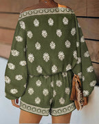 Vyla™ Boho Skew Neck Lantern Vacation Set Casual Vintage Baroque Print