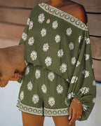 Vyla™ Boho Skew Neck Lantern Vacation Set Casual Vintage Baroque Print