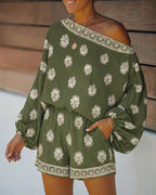Vyla™ Boho Skew Neck Lantern Vacation Set Casual Vintage Baroque Print