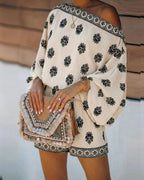 Vyla™ Boho Skew Neck Lantern Vacation Set Casual Vintage Baroque Print