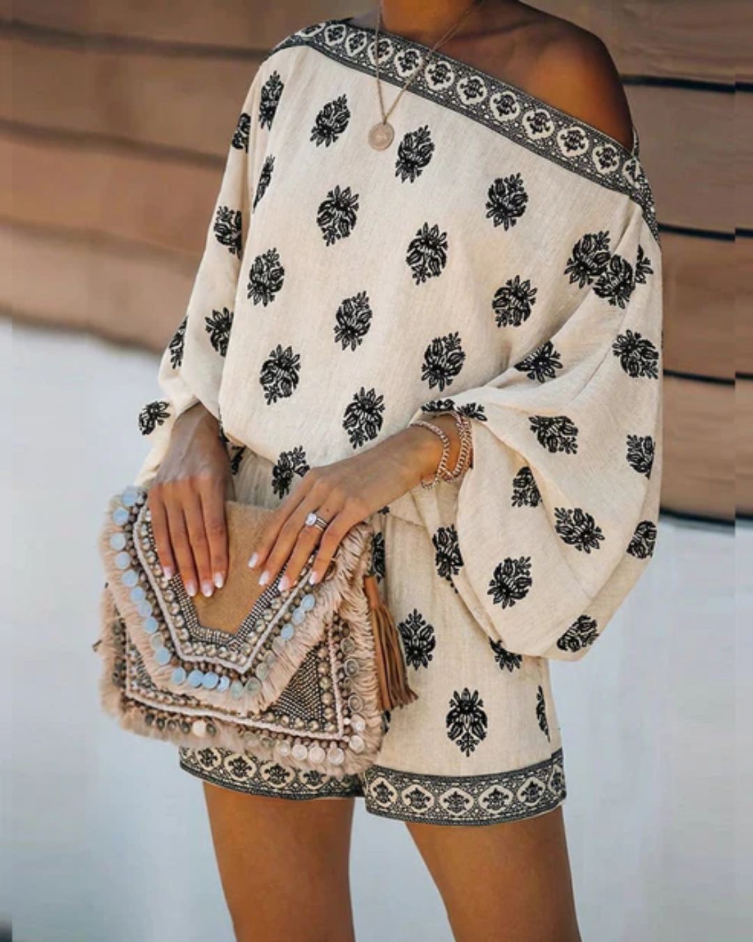 Vyla™ Boho Skew Neck Lantern Vacation Set Casual Vintage Baroque Print