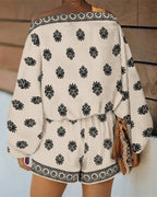 Vyla™ Boho Skew Neck Lantern Vacation Set Casual Vintage Baroque Print