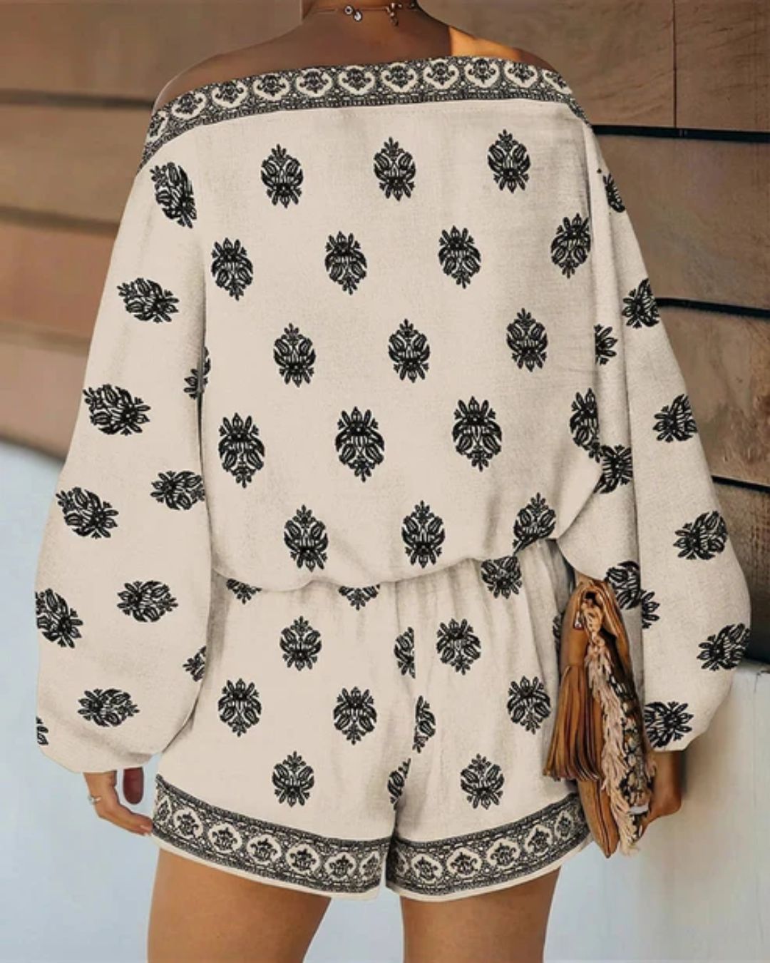 Vyla™ Boho Skew Neck Lantern Vacation Set Casual Vintage Baroque Print