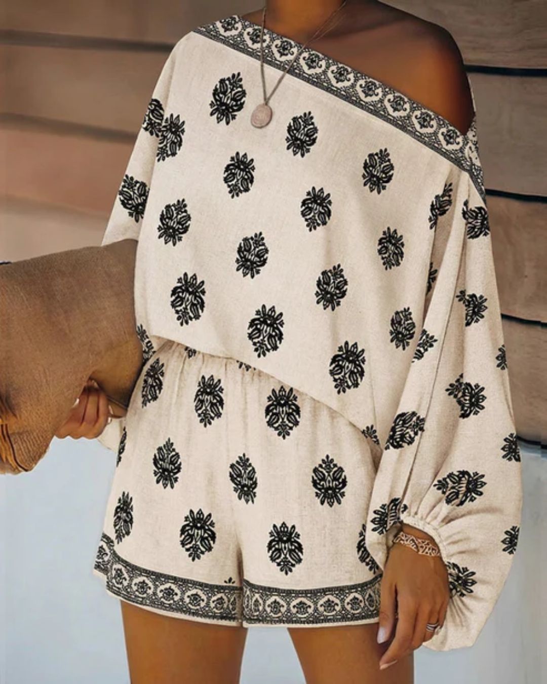 Vyla™ Boho Skew Neck Lantern Vacation Set Casual Vintage Baroque Print