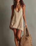 Vyla™ Fringed V-Neck Linen-Feel Slip Mini Dress
