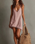 Vyla™ Fringed V-Neck Linen-Feel Slip Mini Dress