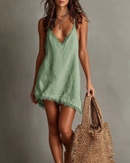 Vyla™ Fringed V-Neck Linen-Feel Slip Mini Dress