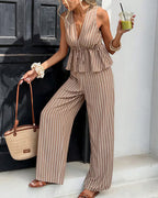 Vyla™ Striped V-Neck Peplum & Wide Leg Pants Two-Piece Set
