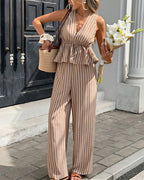 Vyla™ Striped V-Neck Peplum & Wide Leg Pants Two-Piece Set