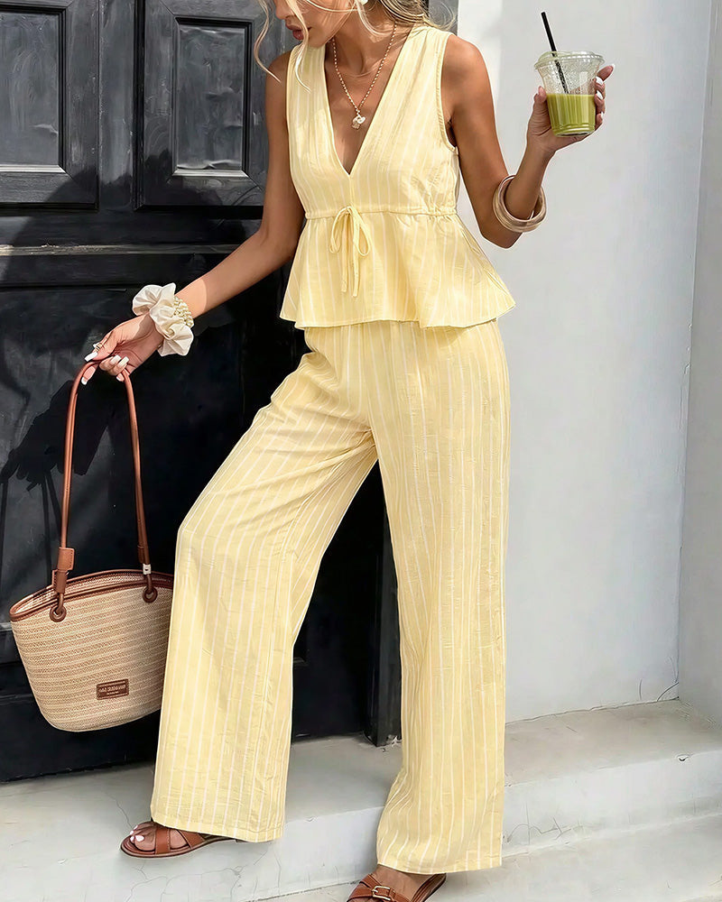 Vyla™ Striped V-Neck Peplum & Wide Leg Pants Two-Piece Set