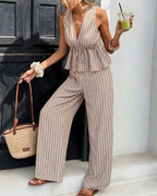 Vyla™ Striped V-Neck Peplum & Wide Leg Pants Two-Piece Set