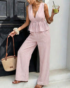 Vyla™ Striped V-Neck Peplum & Wide Leg Pants Two-Piece Set