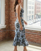 Vyla™ Floral Halter Tie Crop Top & Ruched Midi Skirt Two-Piece Set