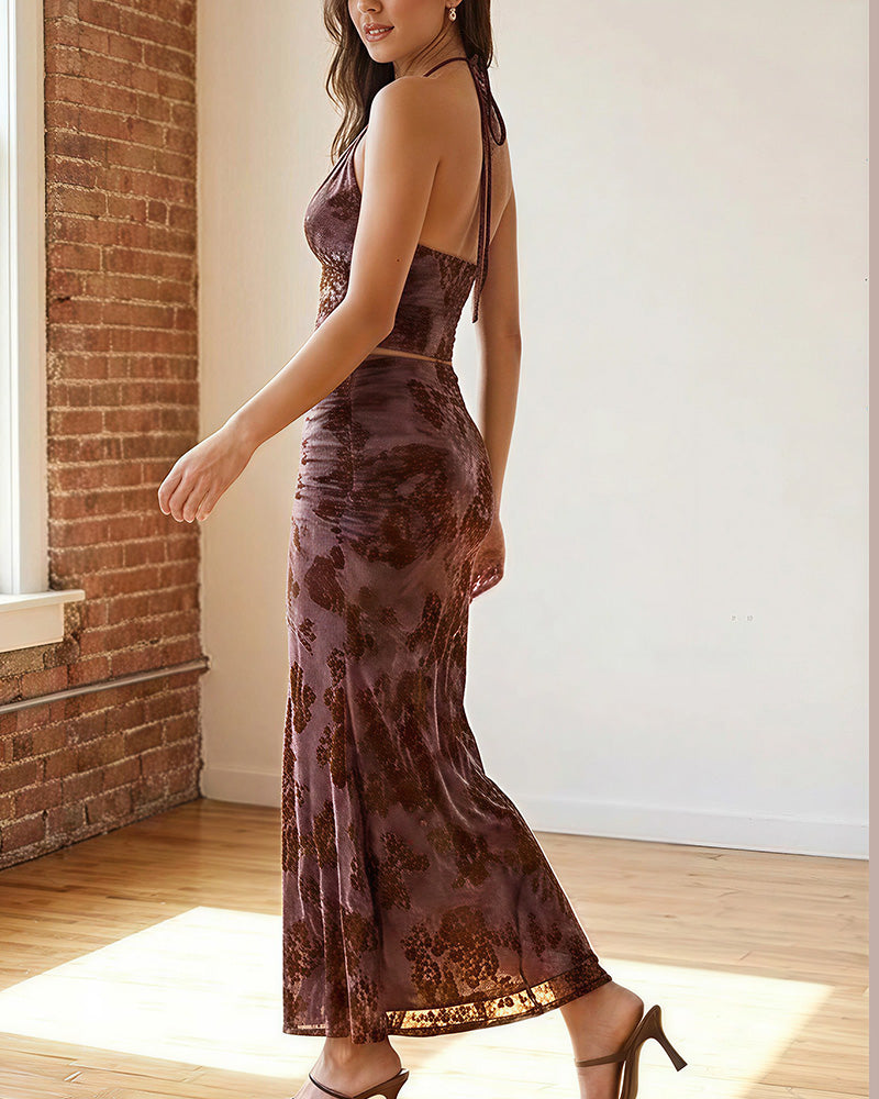 Vyla™ Floral Halter Tie Crop Top & Ruched Midi Skirt Two-Piece Set