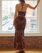 Vyla™ Floral Halter Tie Crop Top & Ruched Midi Skirt Two-Piece Set