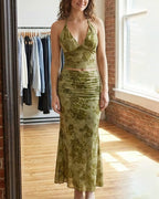 Vyla™ Floral Halter Tie Crop Top & Ruched Midi Skirt Two-Piece Set