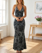 Vyla™ Floral Halter Tie Crop Top & Ruched Midi Skirt Two-Piece Set