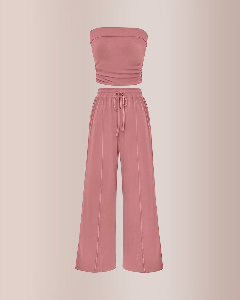 Vyla™ Ribbed Strapless Tube Top & Wide Leg Pants Two-Piece Set