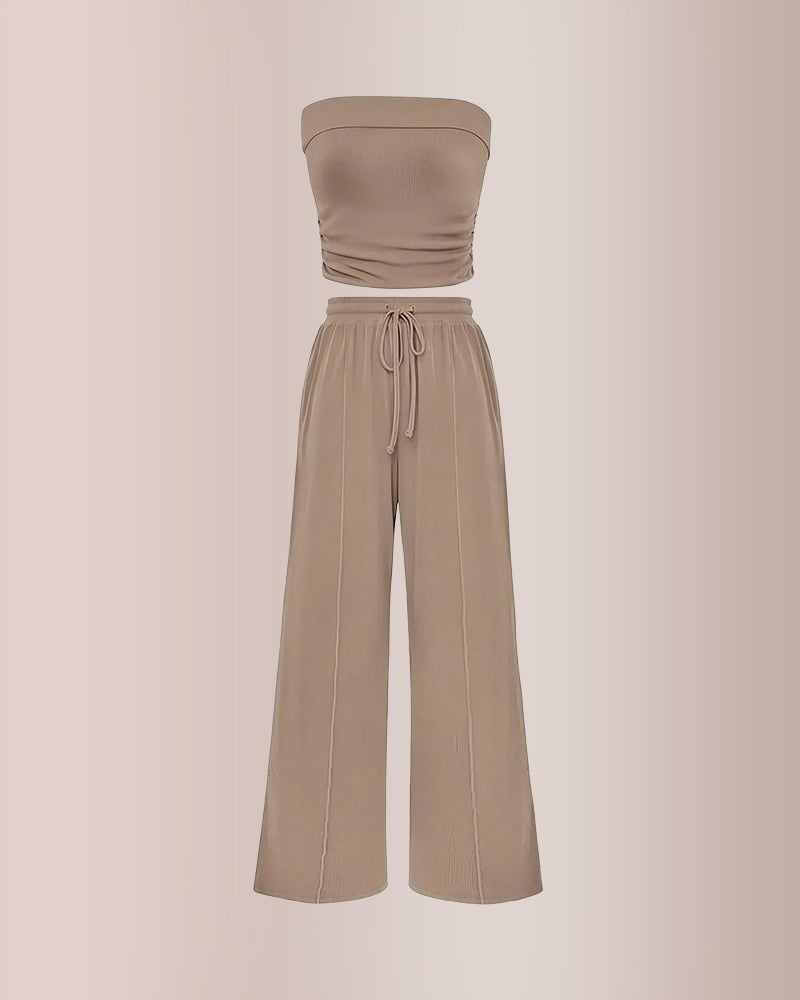 Vyla™ Ribbed Strapless Tube Top & Wide Leg Pants Two-Piece Set