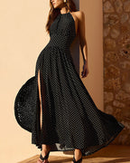 Vyla™ Dot Halter Neck Backless Maxi Dress with Slit