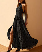 Vyla™ Dot Halter Neck Backless Maxi Dress with Slit