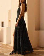 Vyla™ Dot Halter Neck Backless Maxi Dress with Slit