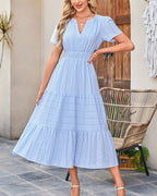 Vyla™ V-Neck Smocked Puff Sleeve Tiered Maxi Dress