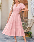 Vyla™ V-Neck Smocked Puff Sleeve Tiered Maxi Dress