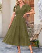 Vyla™ V-Neck Smocked Puff Sleeve Tiered Maxi Dress