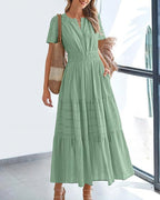 Vyla™ V-Neck Smocked Puff Sleeve Tiered Maxi Dress