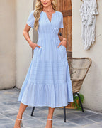 Vyla™ V-Neck Smocked Puff Sleeve Tiered Maxi Dress