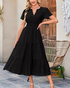 Vyla™ V-Neck Smocked Puff Sleeve Tiered Maxi Dress