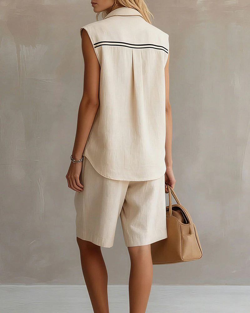 Aloveta™ Casual Sleeveless Button-Down Shirt & Shorts Two-Piece Set