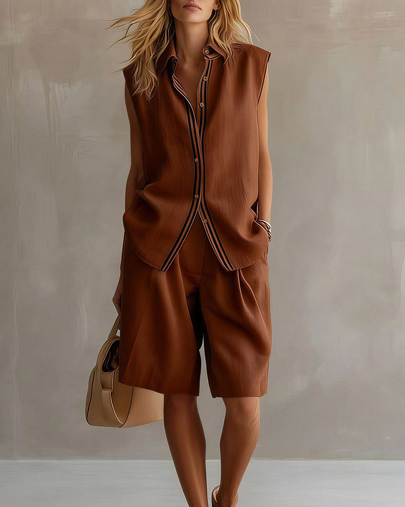 Aloveta™ Casual Sleeveless Button-Down Shirt & Shorts Two-Piece Set