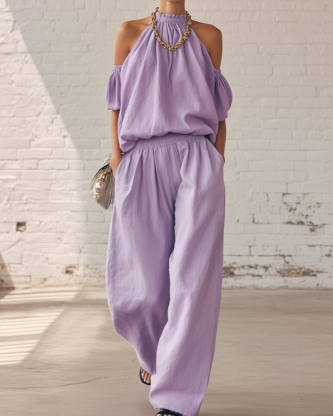 Vyla™ Folds And Halter Closure Casual Wide Leg Pants Set