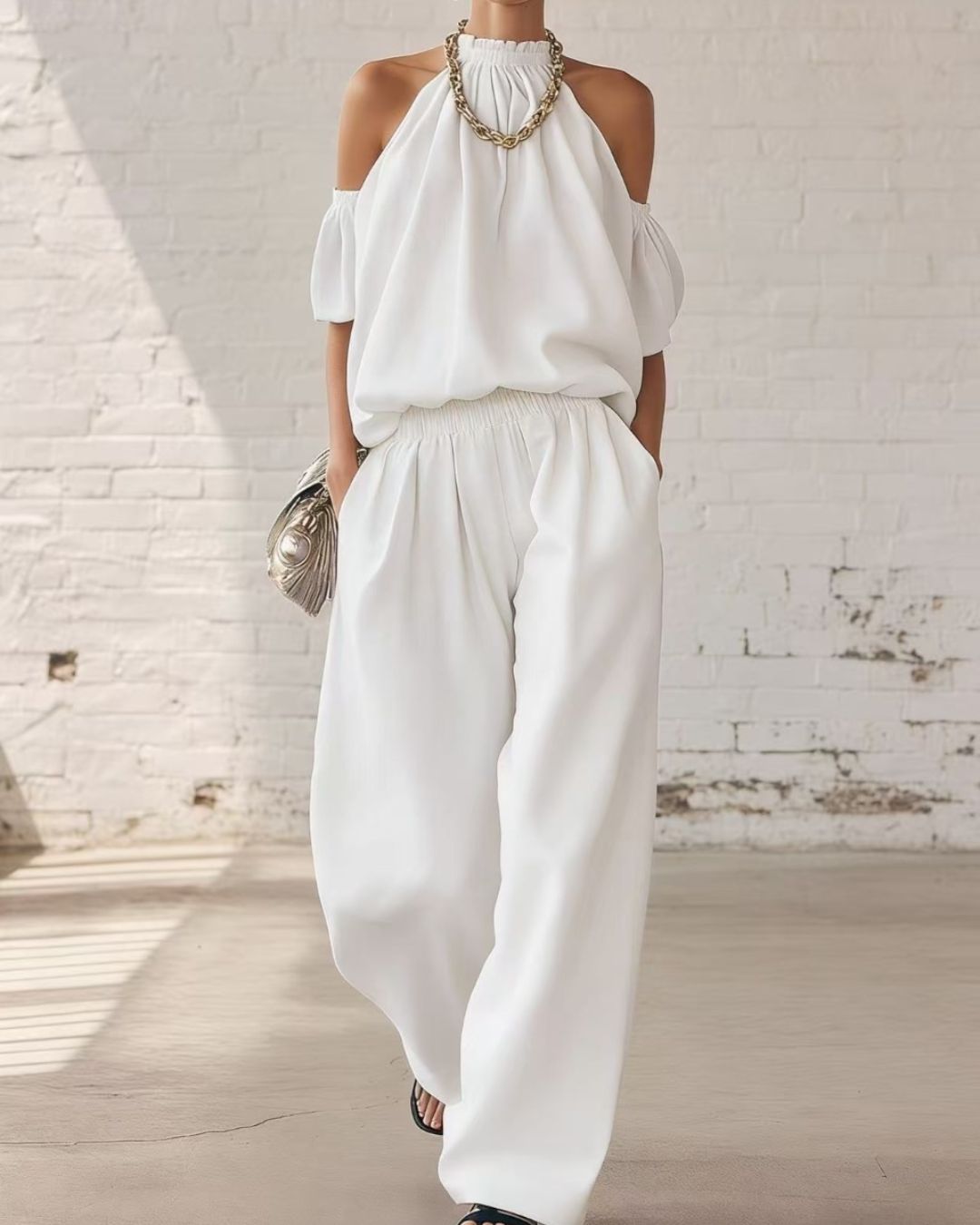 Vyla™ Folds And Halter Closure Casual Wide Leg Pants Set