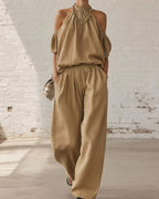 Vyla™ Folds And Halter Closure Casual Wide Leg Pants Set