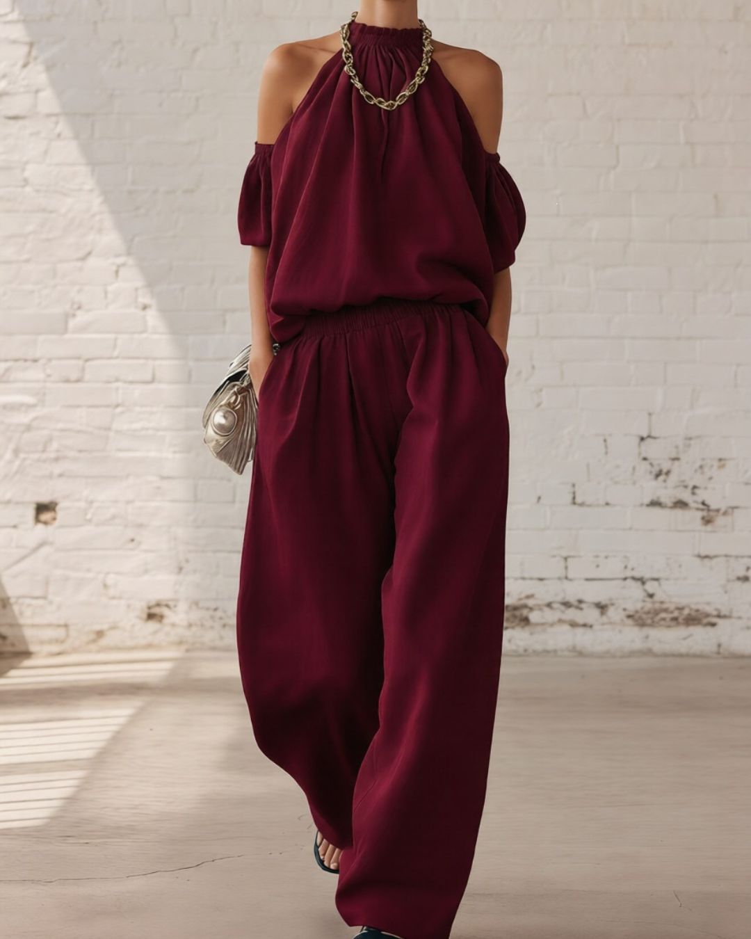 Vyla™ Folds And Halter Closure Casual Wide Leg Pants Set
