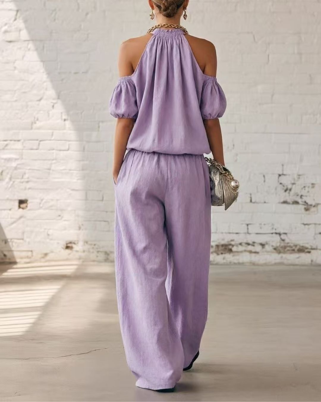 Vyla™ Folds And Halter Closure Casual Wide Leg Pants Set