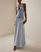 Vyla™ Blue Camellia Appliquéd Halterneck Maxi Dress