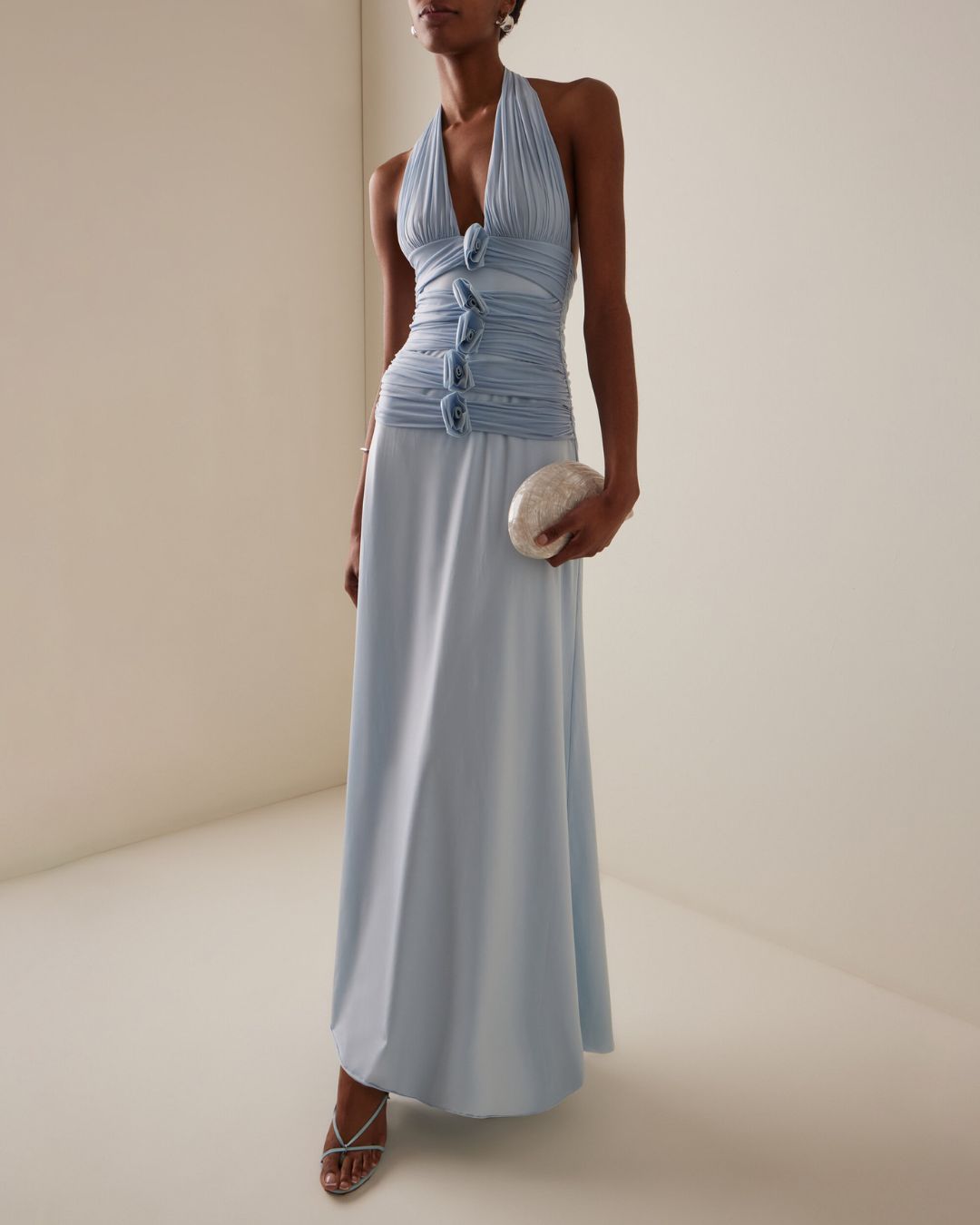 Vyla™ Blue Camellia Appliquéd Halterneck Maxi Dress