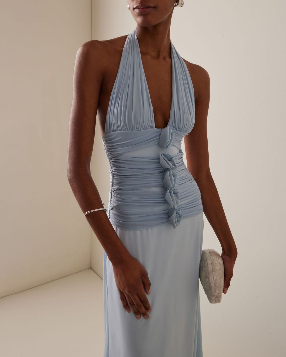 Vyla™ Blue Camellia Appliquéd Halterneck Maxi Dress