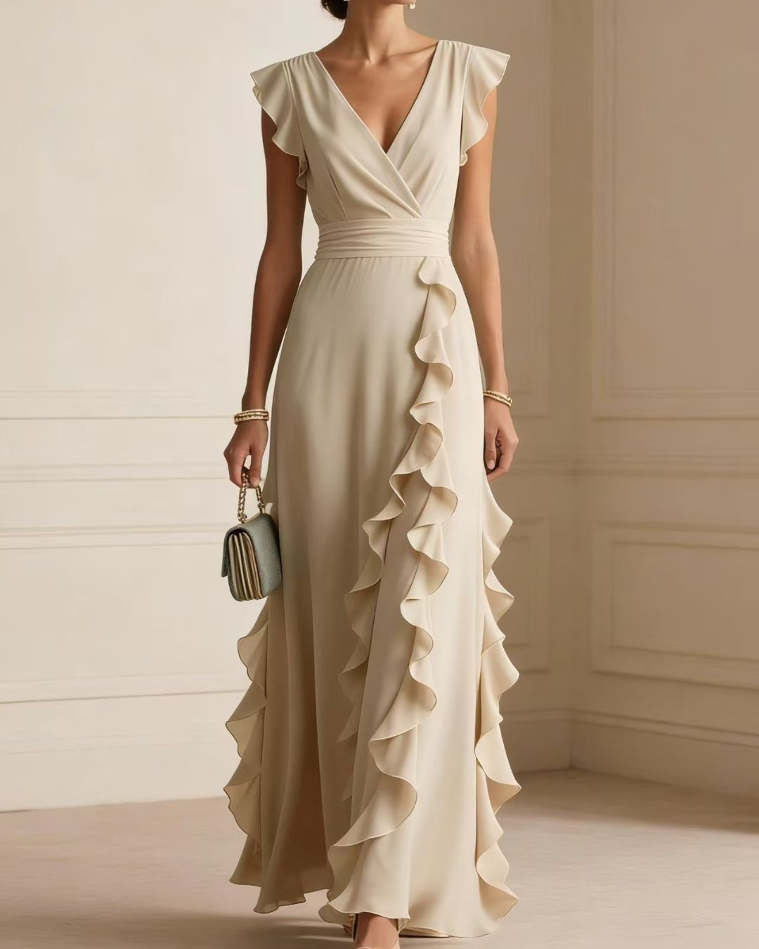 Vyla™ Ruffled V Neck Elegant Slit Maxi Dress