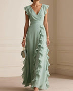 Vyla™ Ruffled V Neck Elegant Slit Maxi Dress