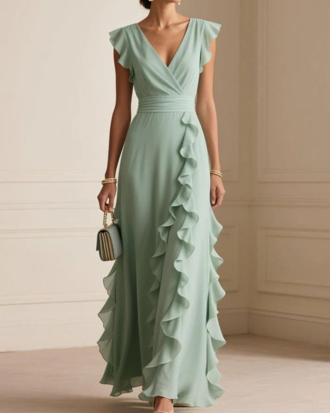 Vyla™ Ruffled V Neck Elegant Slit Maxi Dress