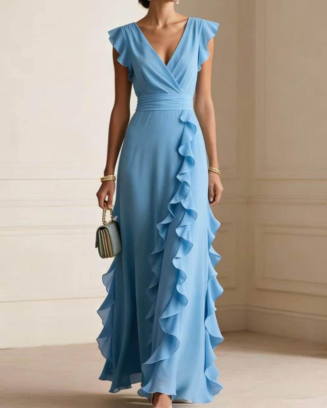 Vyla™ Ruffled V Neck Elegant Slit Maxi Dress
