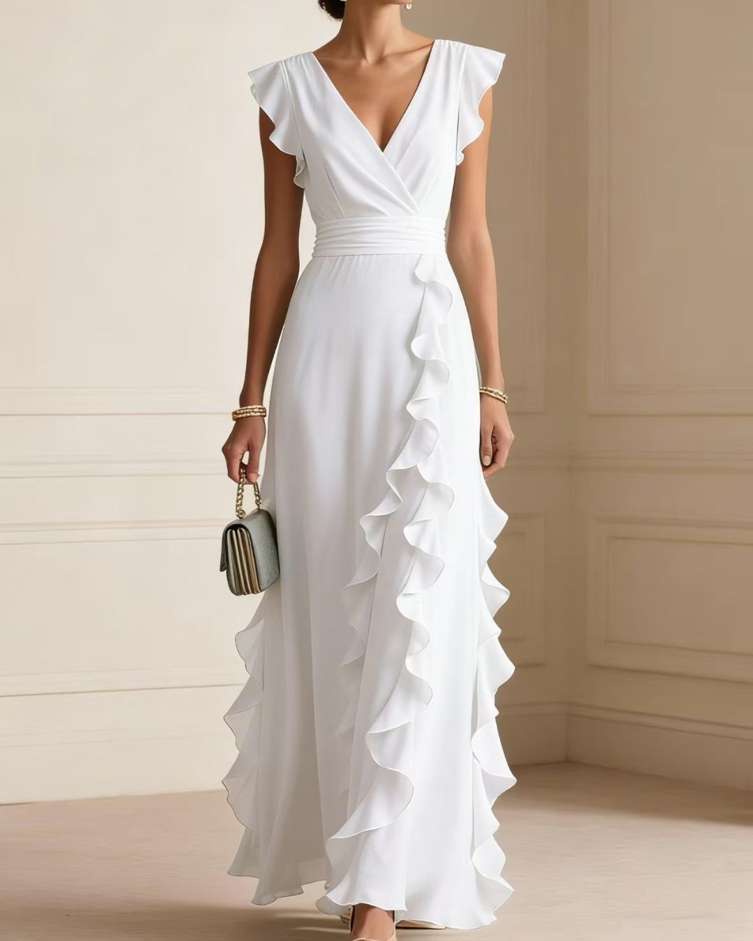 Vyla™ Ruffled V Neck Elegant Slit Maxi Dress