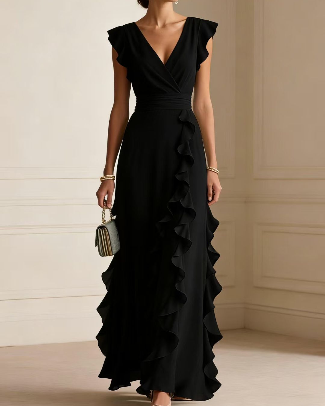 Vyla™ Ruffled V Neck Elegant Slit Maxi Dress