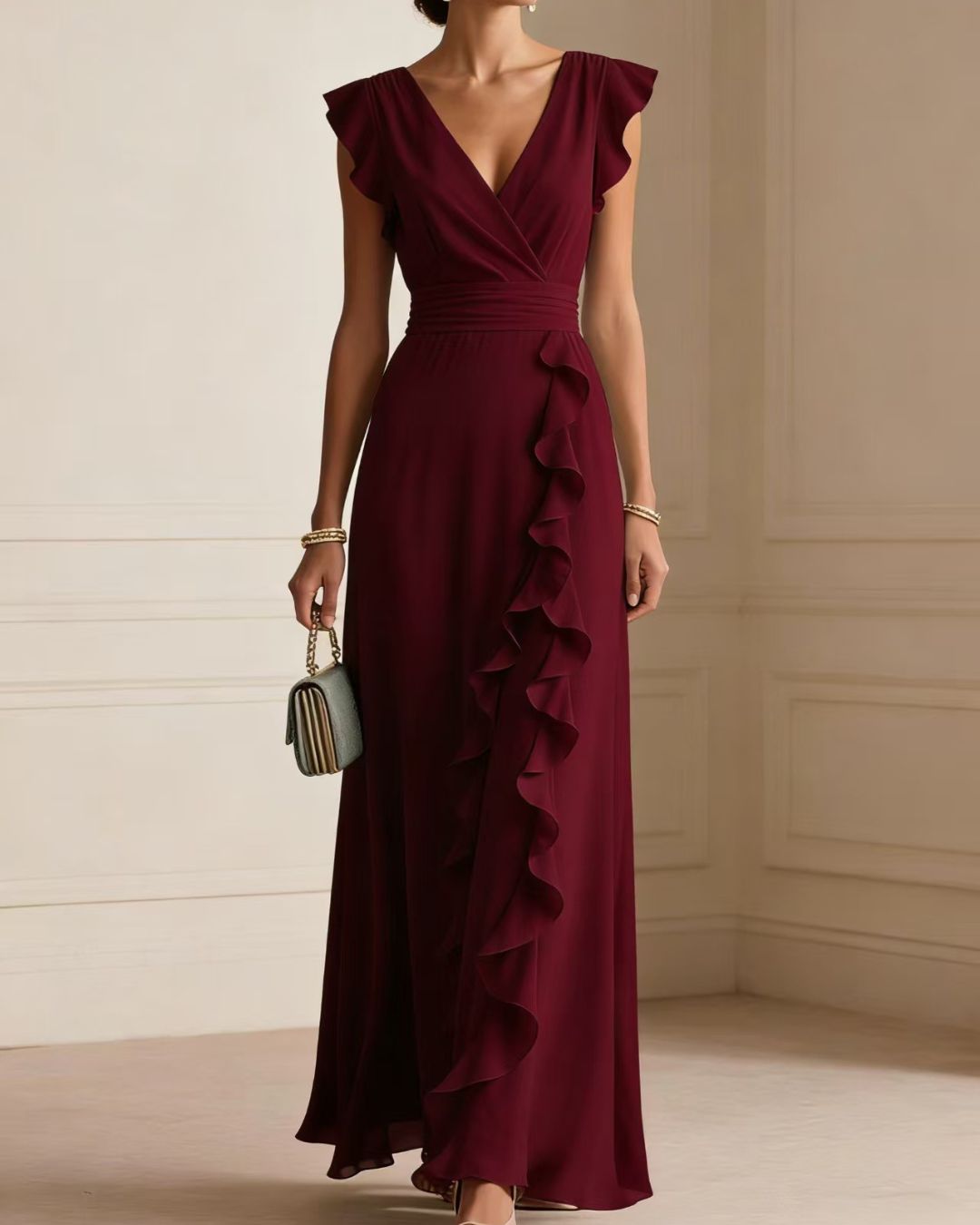 Vyla™ Ruffled V Neck Elegant Slit Maxi Dress